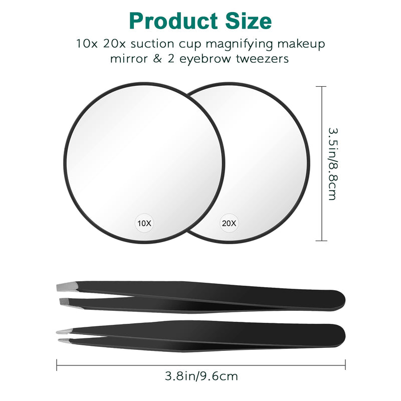 4Pcs Magnifying Mirror and Tweezers Kit, 20X 10X Magnifier Compact Mirrors, Portable Small Travel Mirror with Suction Cups and Eyebrow Tweezing for Girls Women Makeup Blackhead Blemish Removal-Black - NewNest Australia