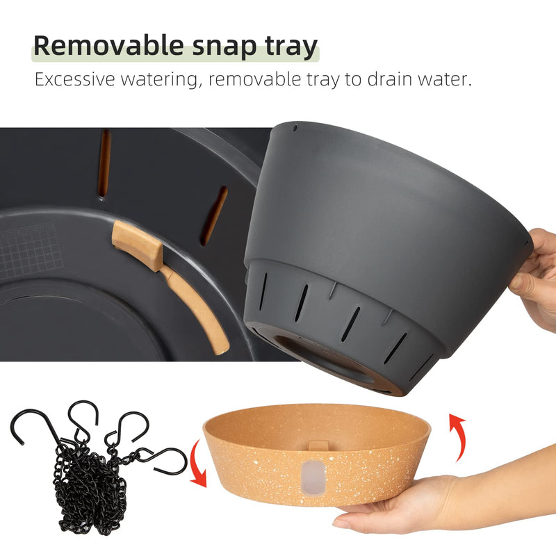 2 Pack Hanging Planters Set,10 Inch Indoor Outdoor Hanging Plant Pot Basket,Hanging Flower Pot with Drainage Hole with 3 Hooks for Garden Home(Grey) Gray - NewNest Australia