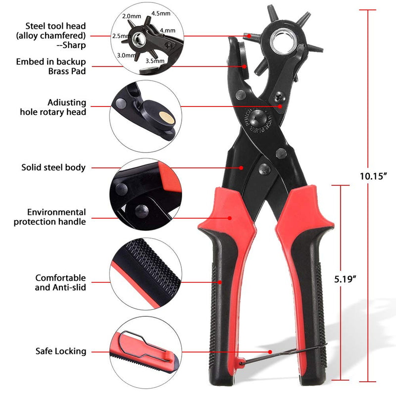 Leather Hole Punch Tool for Belt - Multi Hole Sizes Puncher for Belts, Watch Bands, Straps, Dog Collars, Saddles, Shoes, Fabric, DIY Home or Craft Projects - with 5/32" Grommet Eyelet Kit 100 Sets 02-Black/Red - NewNest Australia