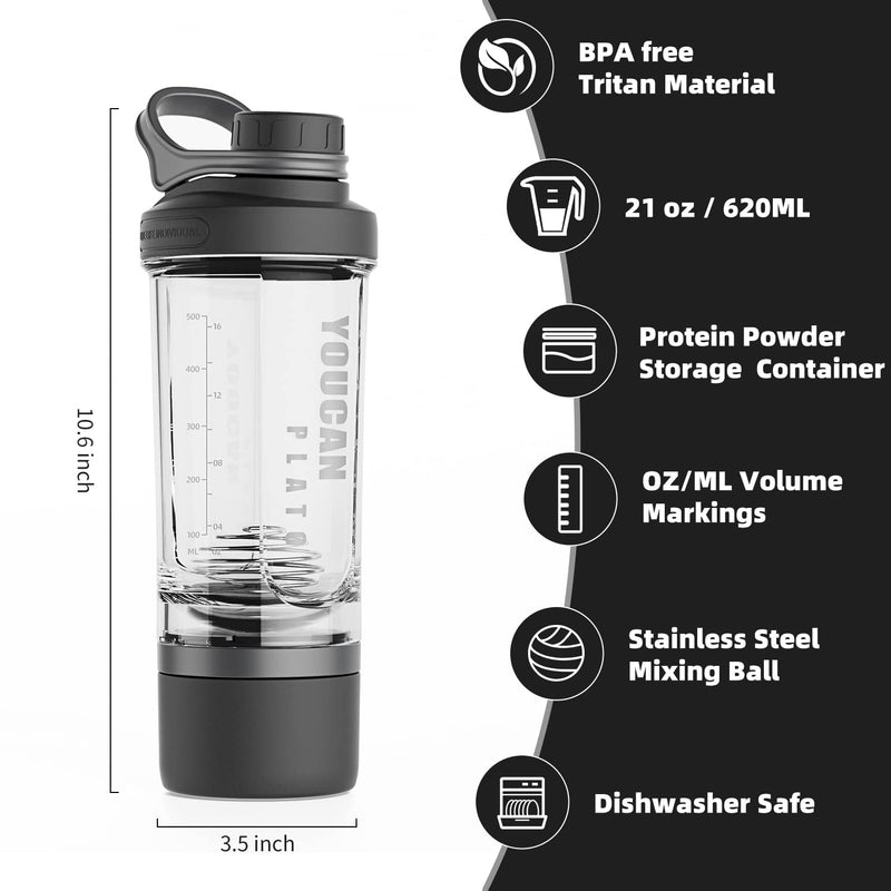 YOUCAN PLATO Shaker Protein Shaker, Protein, Protein Shaker with Powder Compartment and Ball, Shake Cup, Fitness, Shake Cup, Bottle Dishwasher Safe, BPA Free, with Tritan, 620ML Black Black 1 - NewNest Australia