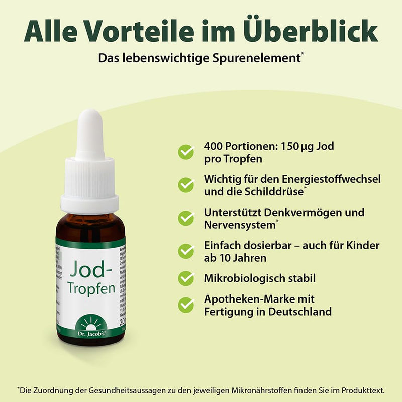 Dr. Jacob's iodine drops I 20 ml, 400 drops of 150 µg each I Vital trace element I For energy metabolism & thyroid¹ I For thinking skills & nervous system² I Easy to dose - NewNest Australia
