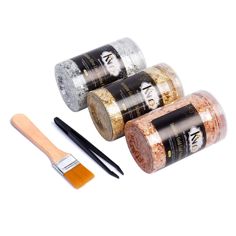 KINNO Gold Leaf Flakes Set with Tweezers and Brush - Color 2.5 Imitation Gold, Silver, Color 0 Real Copper, 3 Bottles Metallic Foil Flakes for Painting Arts and Crafts,Nail Art 30g+Brush - NewNest Australia
