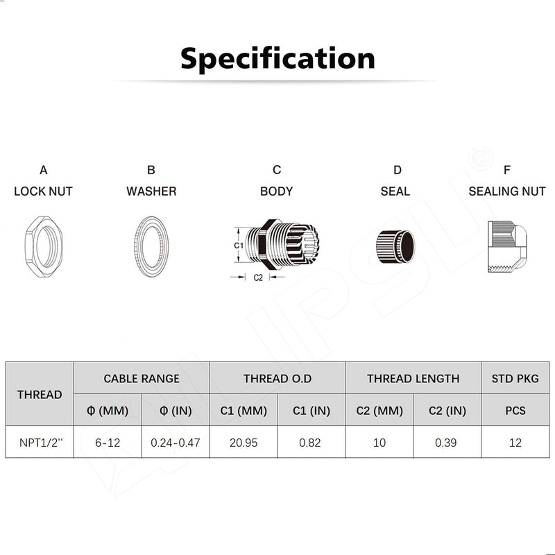 QILIPSU 1/2 NPT Nylon Cable Gland, Waterproof IP68 Adjustable Locknut for 6-12mm Cable Diameter (1/2 NPT, 12pcs) 1/2 NPT 12pcs - NewNest Australia