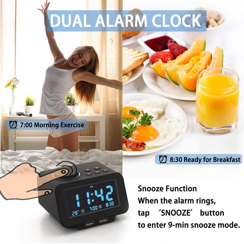 【Upgraded】 Digital Alarm Clock, FM Radio, Dual USB Charging Ports, Temperature Detect, Dual Alarms with 7 Alarm Sounds, Snooze, 6-Level Brightness Dimmer, Batteries Operated, for Bedroom, Sleep Timer - NewNest Australia