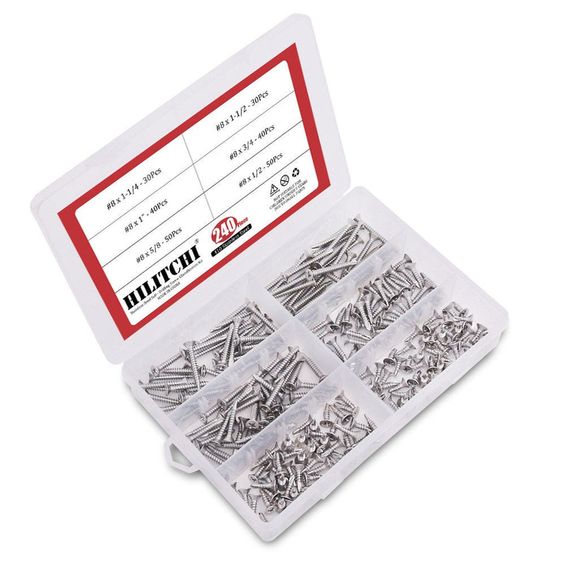 Hilitchi 240 Pcs 410 Stainless Steel Flat Head Phillips Self Drilling Screws Sheet Metal Tek Screws Assortment Kit, Modified Truss Head Self Driller - Size: #8 x 1/2" ~ #8 x 1-1/2" (Pack of 240) #8 Flat Head - NewNest Australia