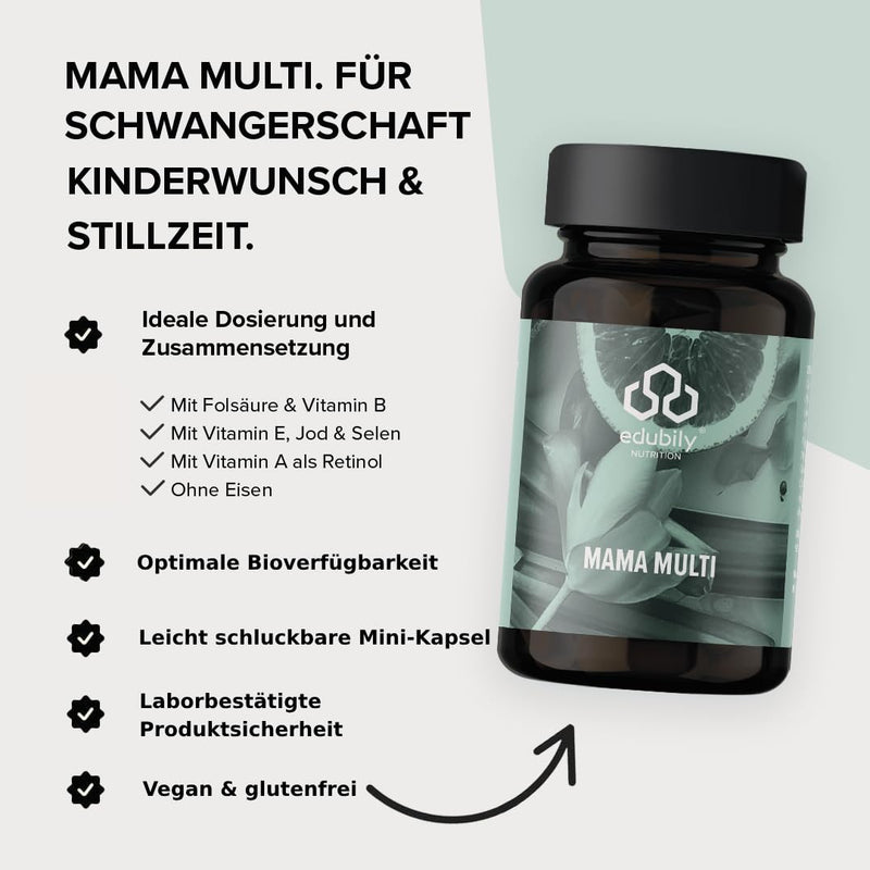 edubily nutrition® Mama Multi. Pregnancy vitamins for the desire to have children, breastfeeding and pregnancy. Dietary supplement with folic acid as folate & important vitamins for women. 90 capsules - NewNest Australia