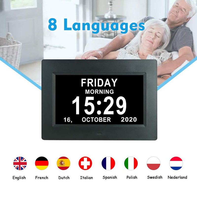 NewNest Australia - 7 Inch Extra Large Day Date Time Digital Day Calendar Clock with Auto-Dimming 12 Alarm Reminders Dementia Clocks for Senior Elderly impaired Vision Memory Loss 7010 black 