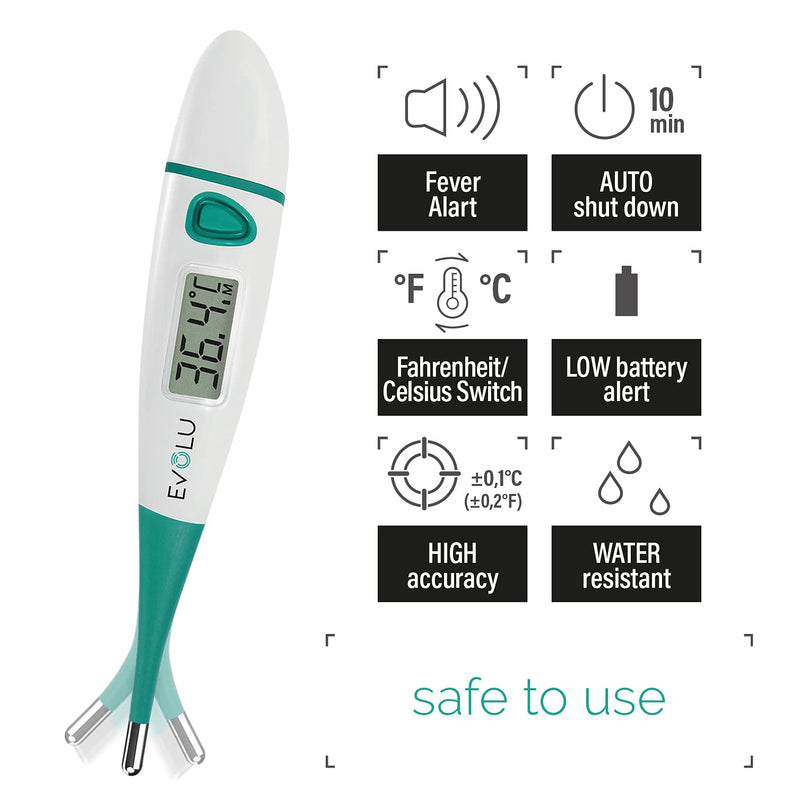Evolu Waterproof Flexible Digital Thermometer Measurement In Mouth, Rectal Or Armpit With Flexible Measuring Tip In 10 Seconds - Babies, Children, Adults - High Precision - With Storage Box - NewNest Australia