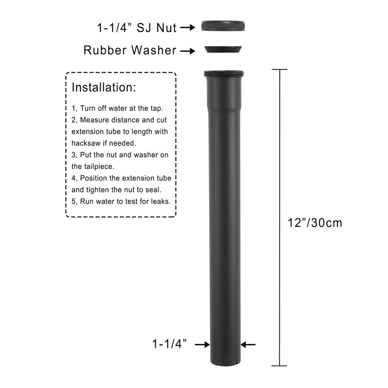 Brass Slip Joint Extension Tube 1-1/4” OD x 12” with Nut and Rubber Washer, P Trap Extension Tube, Sink Drain Tailpiece Tube Extension, Matte Black - NewNest Australia