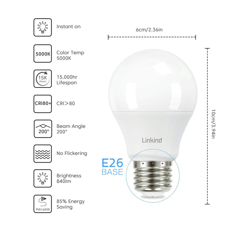 60W Equivalent, Linkind A19 LED Light Bulb, 9W 5000K Daylight, 840 Lumens, E26 Base Non-Dimmable LED Light Bulb, Standard Replacement, UL Listed, 6-Pack Daylight-60 Watt - NewNest Australia