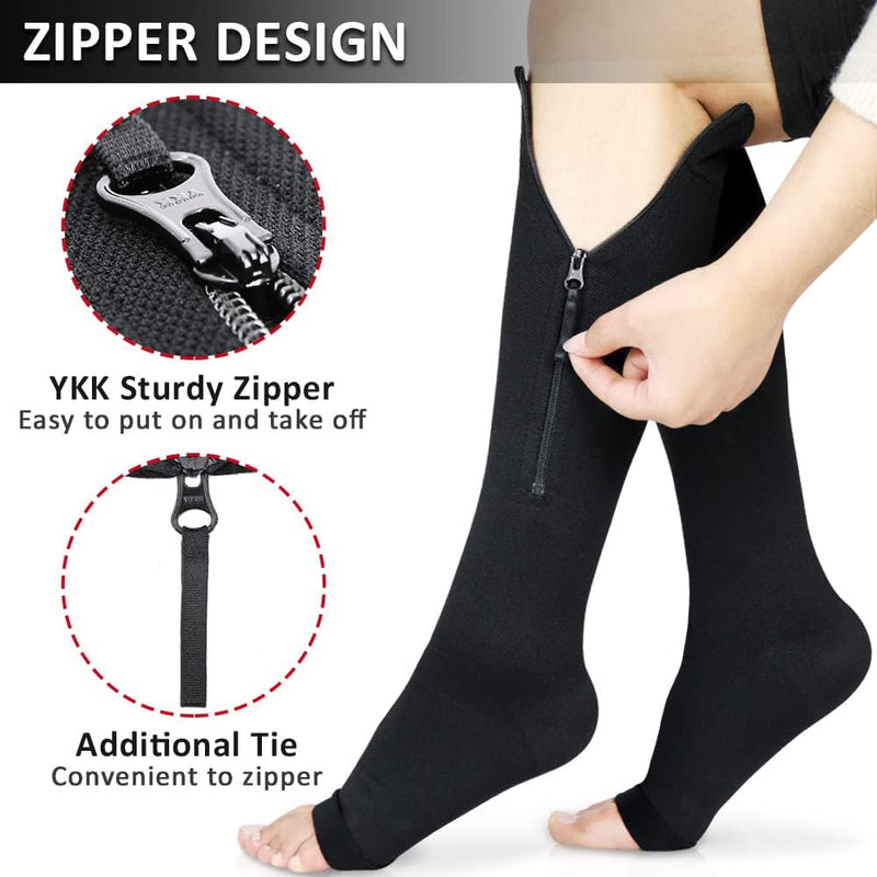 Ailaka Medical Zipper Compression Calf Socks 20-30mmHg for Women Men Knee High Open Toe Firm Support Graduated Varicose Veins Hosiery for Edema Swelling Black 3XL - NewNest Australia