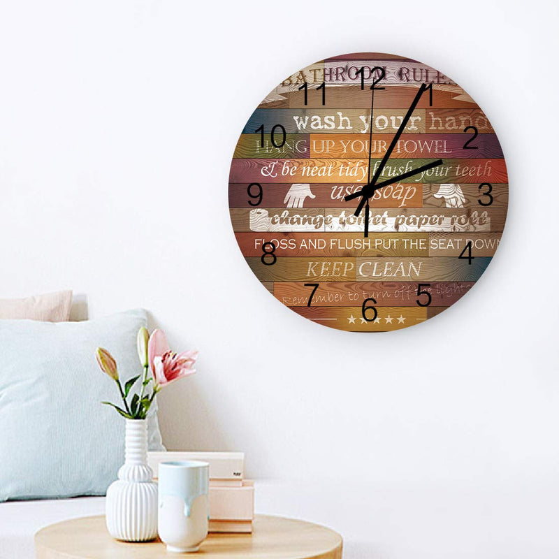 NewNest Australia - SIMIGREE Retro 12 Inch Waterproof Wall Clock, Silent Non-Ticking Battery Operated for Home Classroom Conference Room Wall Decorative Clock - Bathroom Rules Fun Decor Retro Colorful Wooden 