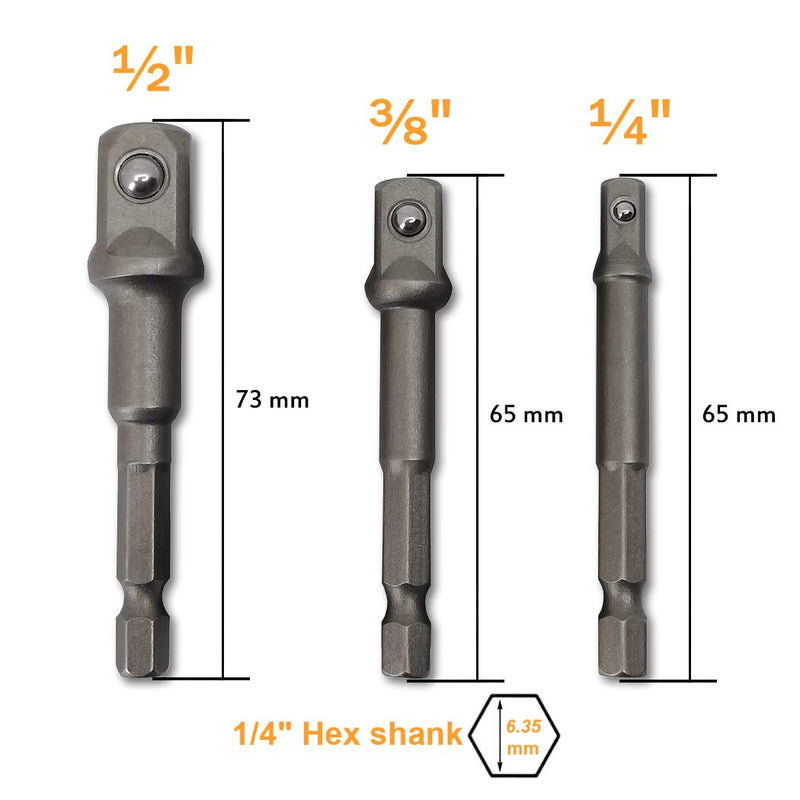 3 PCS | 1/4", 3/8", 1/2" Impact Drive, PTSLKHN 1/4" Hex Shank Socket Adapter Set, CR-V Steel | Compatible with Power Drills & Drivers - NewNest Australia