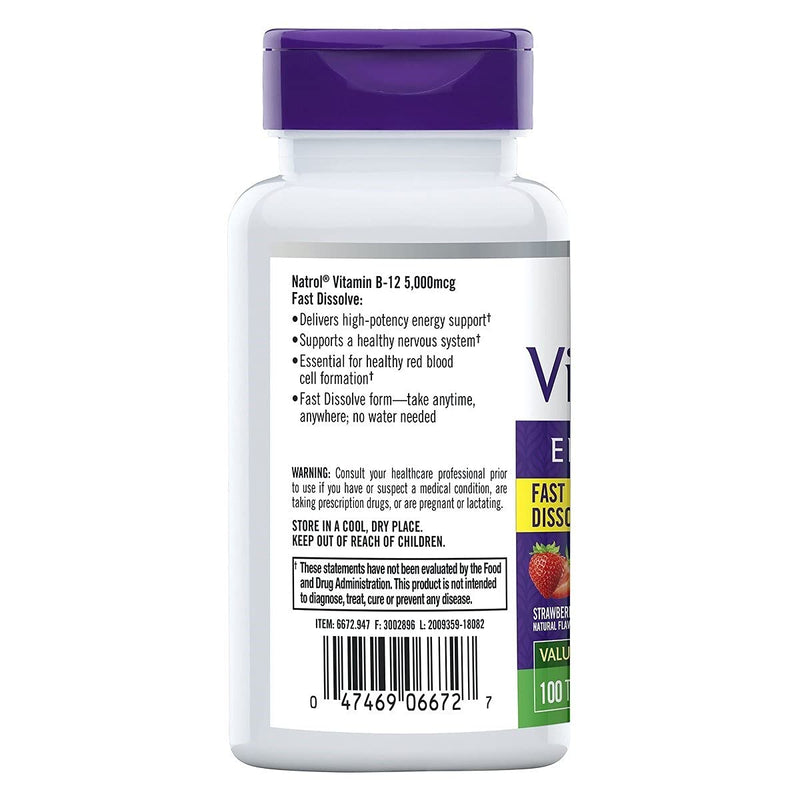 Natrol Vitamin B12 Fast Dissolve Tablets, Promotes Energy, Supports a Healthy Nervous System, Maximum Strength, Strawberry Flavor, 5,000mcg, 100 Count 100 Count (Pack of 1) 100 Tablets - NewNest Australia