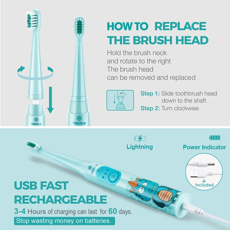 Vekkia Dragon Lord Sonic Rechargeable Kids Electric Toothbrush, 3 Modes with Memory, Fun & Easy Cleaning, 31000 Strokes, IPX7 Waterproof, 2-Min Timer for Age 3+, 4 Soft Bristles Blue | Dragon - NewNest Australia