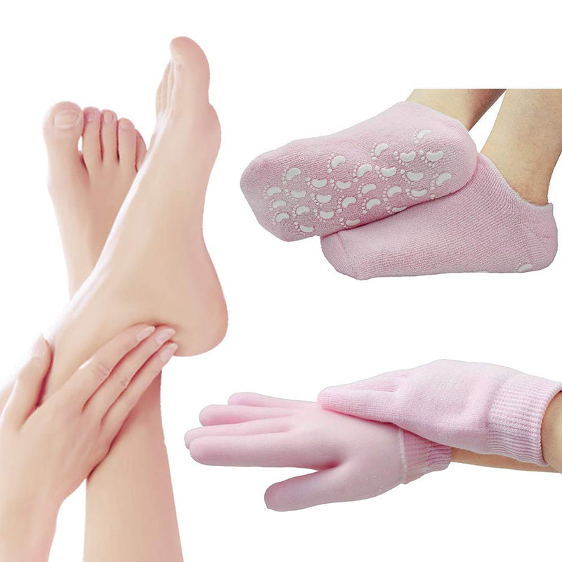 Gel Moisturising Gloves and Spa Socks Cotton for Dry Cracked Heels Feet Skin Repair Treatment for Large Size Women in Dry Hands and Foot Care Overnight by Phenitech(1pair socks & 1pair gloves)(Pink) Pink - NewNest Australia