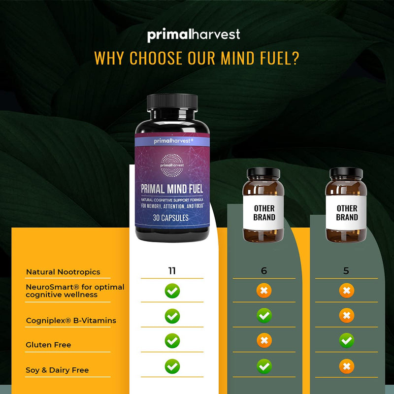 Brain Supplement by Primal Harvest - Primal Mind Fuel Brain Booster for Focus, Energy, Clarity, Memory Brain Health - Focus Supplement for Men and Woman 30 capsules Nootropics Brain Support Supplement - NewNest Australia