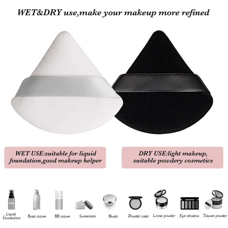 2 Pcs Powder Puff Makeup Puff Triangle Powder Puff Soft Powder Sponge Reusable Make up Triangle Sponges with Strap for Loose Powder（Black and White） 1white+1black - NewNest Australia