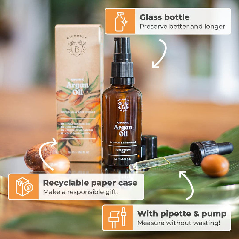 Bionoble Organic Argan Oil 50ml - 100% Pure, Natural and Cold Pressed - for Hair, Face, Body, Beard, Nails - Vegan and Cruelty Free - Glass Bottle + Pipette + Pump 50 ml (Pack of 1) - NewNest Australia