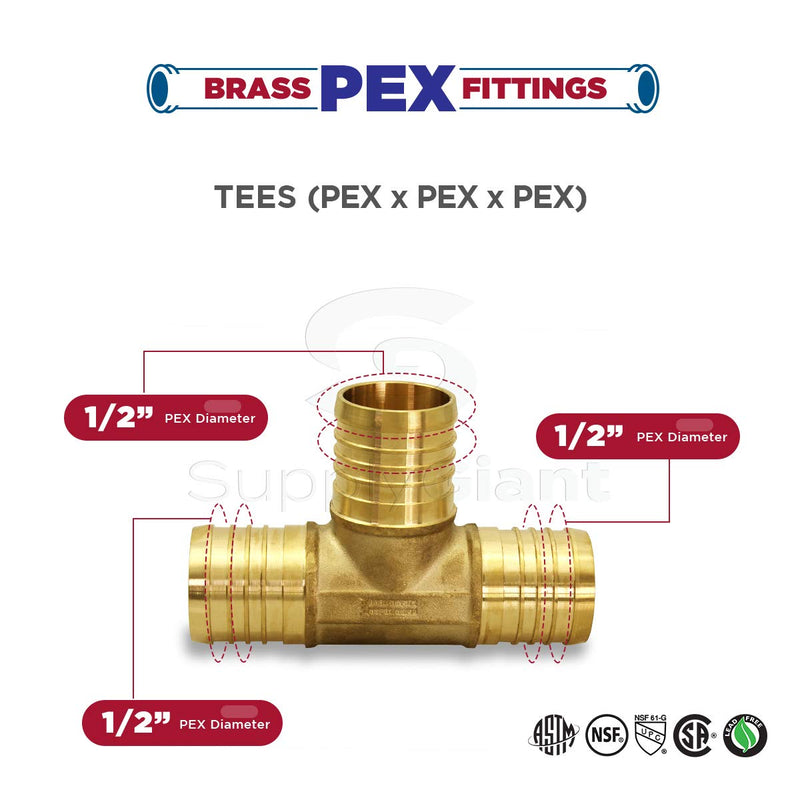 Supply Giant QYUF0012-10 X PEX Barb Tee Pipe Fittings 1/2" Brass (Pack of 10) Ppack of 10 0.5 Inch - NewNest Australia