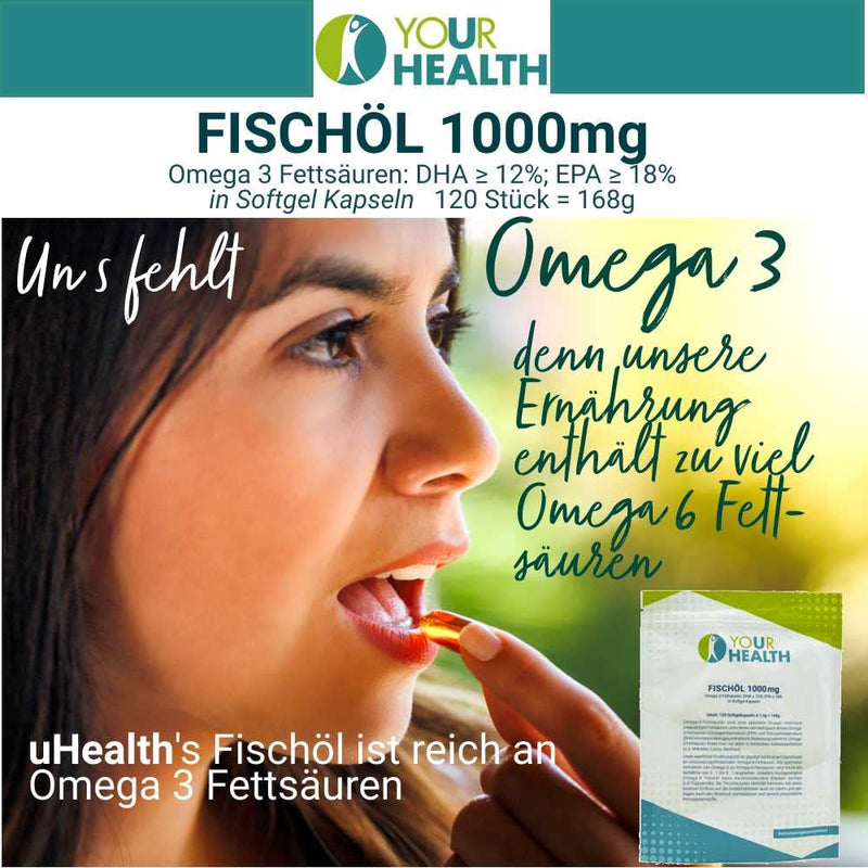 uHealth FISH OIL 1000 mg, 120 softgel capsules Omega 3 fatty acids: DHA ≥ 12%, EPA ≥ 18% - NewNest Australia