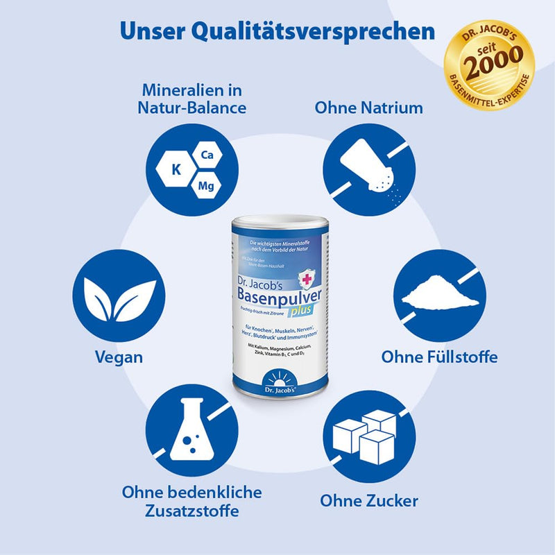 Dr Jacob's base powder plus with real lemon I for muscles¹, bones², heart³ and blood pressure⁴ I potassium calcium magnesium zinc I vitamin CD B1 I also for diets I 300 g base powder vegan - NewNest Australia