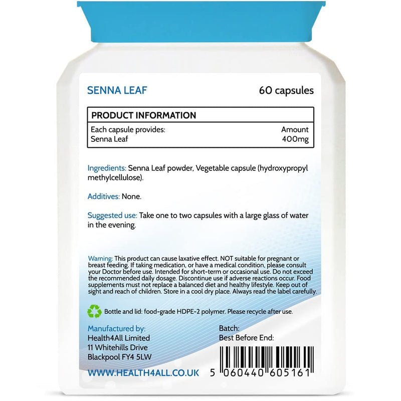 Senna Leaf 400mg 60 Capsules (V) (not Tablets) Purest: no additives. Natural Vegan Herbal Overnight Relief. Made in The UK by Health4All 60 Count (Pack of 1) - NewNest Australia