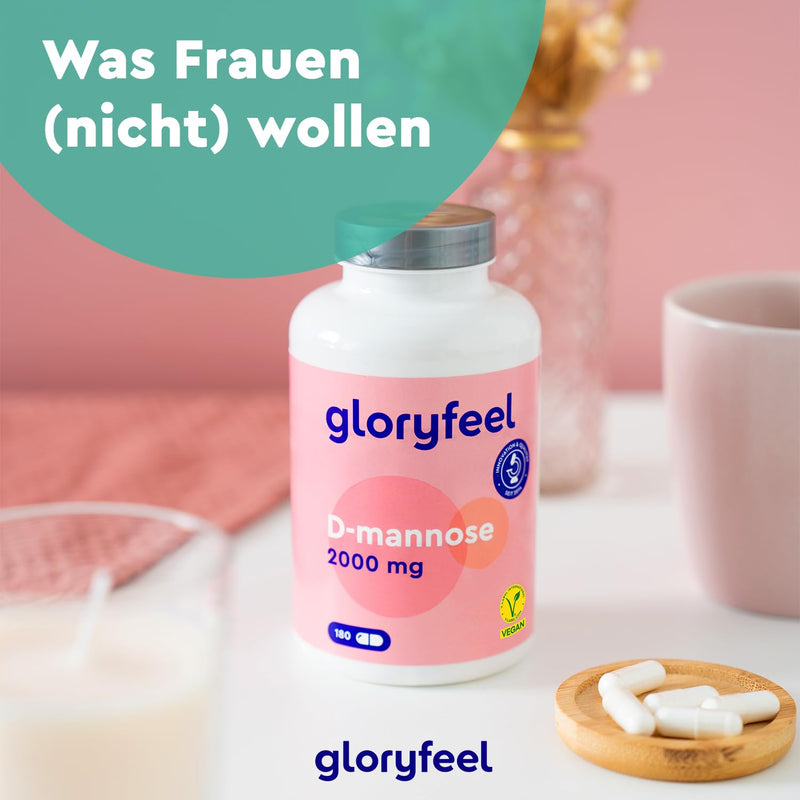 gloryfeel D-Mannose high dose - 2000 mg pure D Mannose per daily serving - 180 capsules from plant origin - 100% vegan, laboratory tested and made in Germany without additives - NewNest Australia