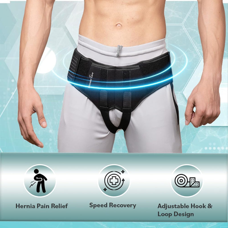 Wonder Care - Inguinal Hernia Support Belt Groin Truss Brace Post Surgery Hernia Pain Relief, Two Compression Pressure Foam Pads, Adjustable Elastic straps-M M (Pack of 1) Black - NewNest Australia