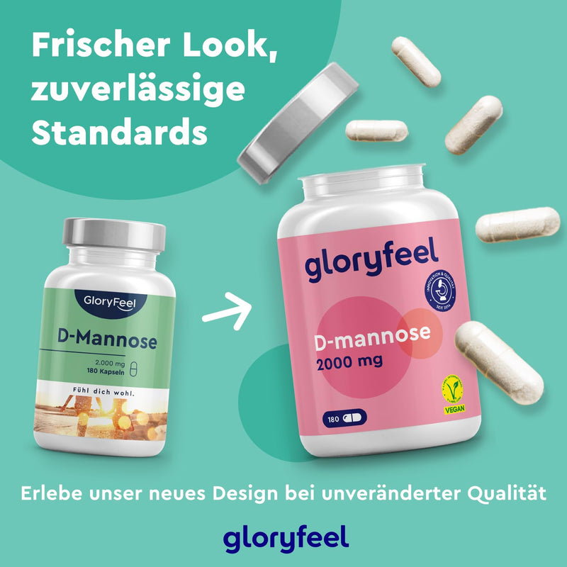 gloryfeel D-Mannose high dose - 2000 mg pure D Mannose per daily serving - 180 capsules from plant origin - 100% vegan, laboratory tested and made in Germany without additives - NewNest Australia