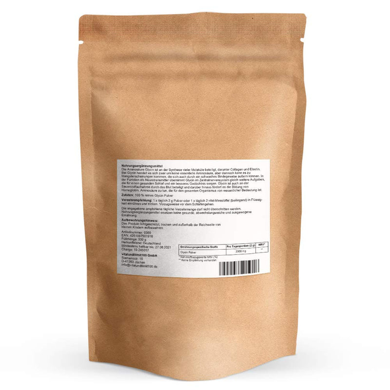 Glycine Powder - 500 G - Non-Essential Amino Acid - Production-Free Product - In Tested Quality - 100% Vegan And Completely Pure - Lactose Free - Gluten Free - No Additives Or Additives - NewNest Australia
