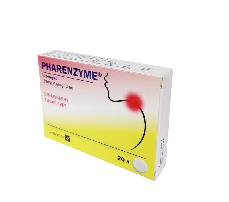 PHARENZYME, Strawberry Sugar Free - 20 lozenges - Sore Throat Relief - Enzyme-Active Tablets - Relieves Sore Throat - Clears runny Nose - Anti-inflammatory and Pain-Relieving Effect - NewNest Australia