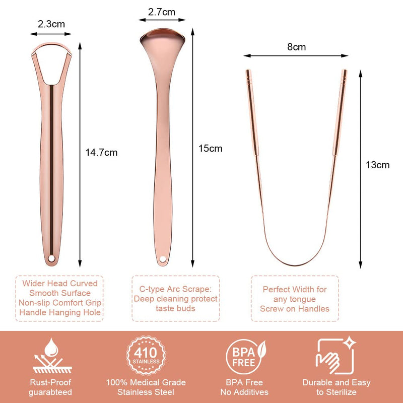 Acwoo Tongue Cleaner, 3 Piece Tongue Scraper Stainless Steel Set, Rose Gold Toungescraper For Adults Oral Care, Tongue Scraper Against Bad Breath Tongue Brush Heals Bad Breath (Rose Gold) - NewNest Australia
