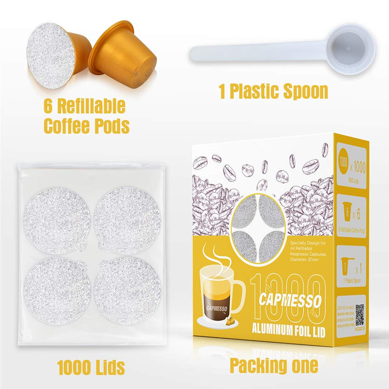 CAPMESSO 1000pcs Self Adhesive Aluminum Foil Lids +6 Gold Reusable Refillable Eespresso Capsules Coffee Pods Filters Compatible with Nespresso - NewNest Australia