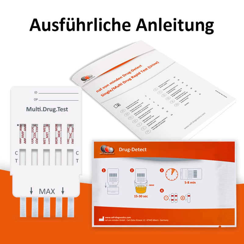 self-diagnostics rapid drug test Multi 5 - detection of the 5 types of drugs cocaine, cannabis (THC), amphetamine, opiates/morphine & methamphetamine - 5 min urine drug test - rapid test - urine test - NewNest Australia