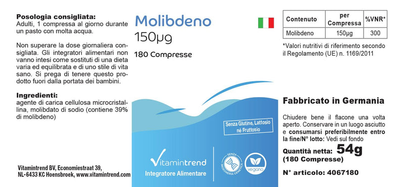 Molybdenum 150mcg - 180 tablets - ! FOR 6 MONTHS ! - vegan - essential trace element | Vitamintrend® - NewNest Australia