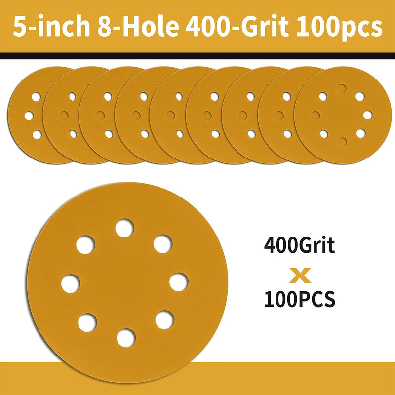 Keeimp 100 Pcs 5 Inch Sanding Discs Hook and Loop, 8 Hole Gold Premium 400 Grit Dustless Random Orbit Sandpaper for Woodworking or Automotive 400 Grit-100 Pcs - NewNest Australia