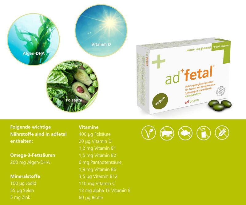 adfetal vegan prenatal - optimal care for those who want to have children, pregnancy and breastfeeding - folic acid, iodide, vitamin D, algae DHA - 90 soft capsules. + "From the desire to have children to the dream child" by Prof. Bühling - NewNest Australia