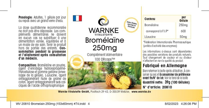 Bromelain capsules - 250mg bromelain per capsule - 600 FIP - natural pineapple enzyme - vegan & high dosage - 100 capsules | Warnke vital substances - NewNest Australia