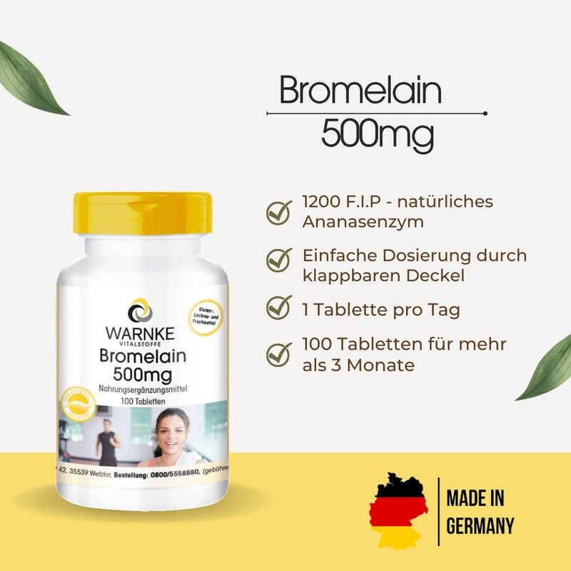 Bromelain 500mg - 1200 FIP - natural pineapple enzyme - vegan & high dosage - 100 tablets | Warnke vital substances 100 pieces (pack of 1) - NewNest Australia