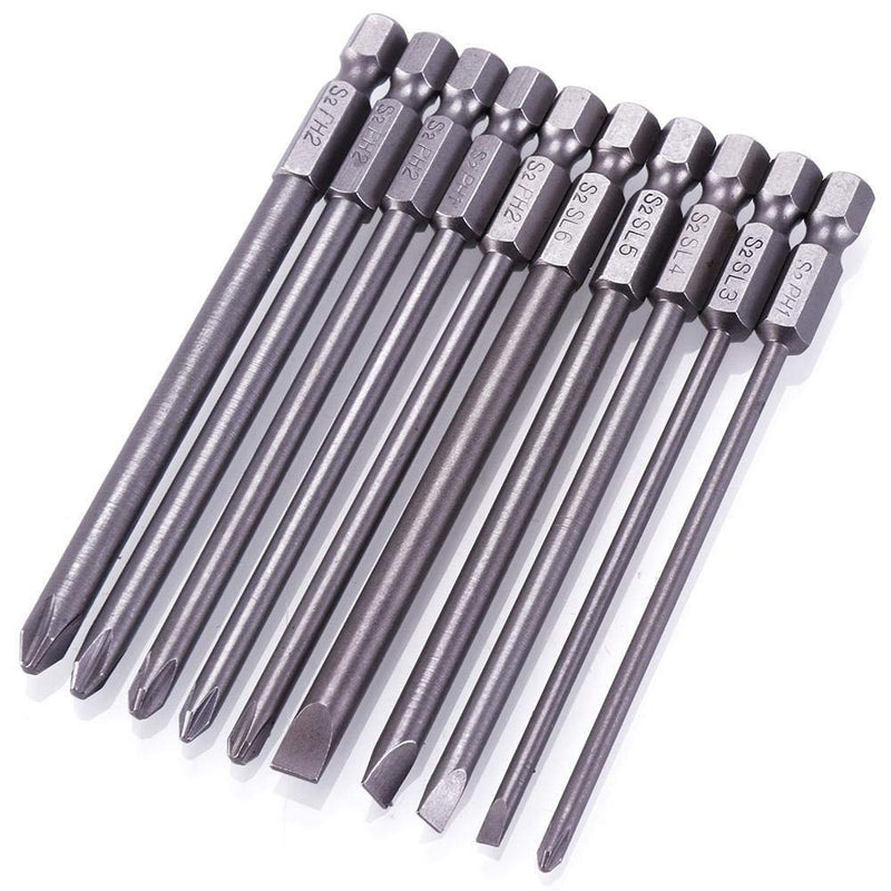 Rocaris 10pcs 1/4 Inch Hex Shank Long Magnetic Screwdriver Bits Set 4 in Power Tools (Slotted+Cross Head) - NewNest Australia