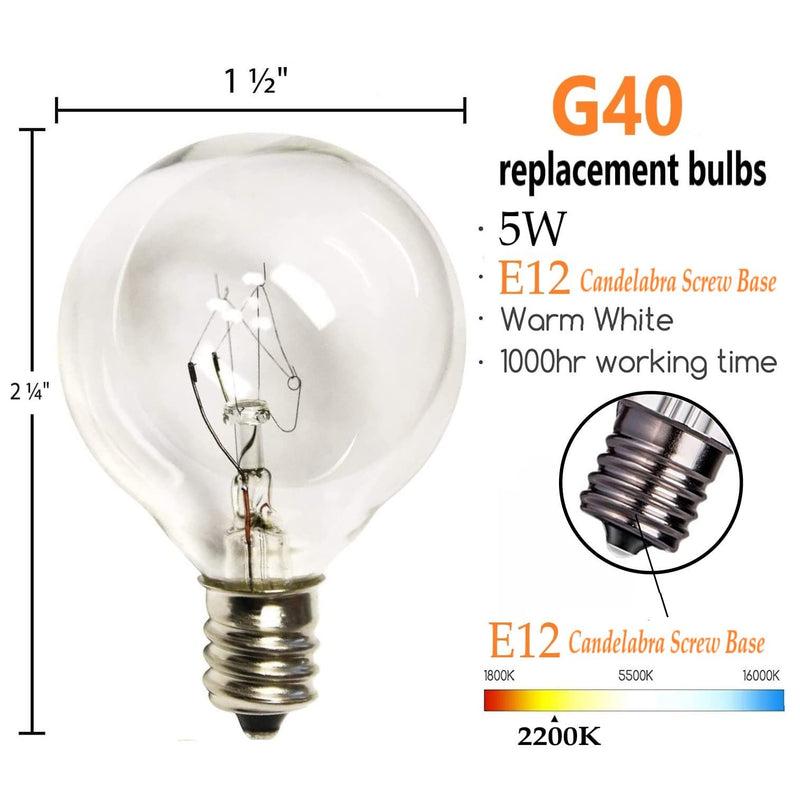 25 Pack Replacement Light Bulbs, G40 5 Watt Light Bulbs for E12 Candelabra Screw Base, 1.5 Inches Globe Clear Light Bulbs for Indoor Outdoor String Light Bulbs Patio Decor - NewNest Australia