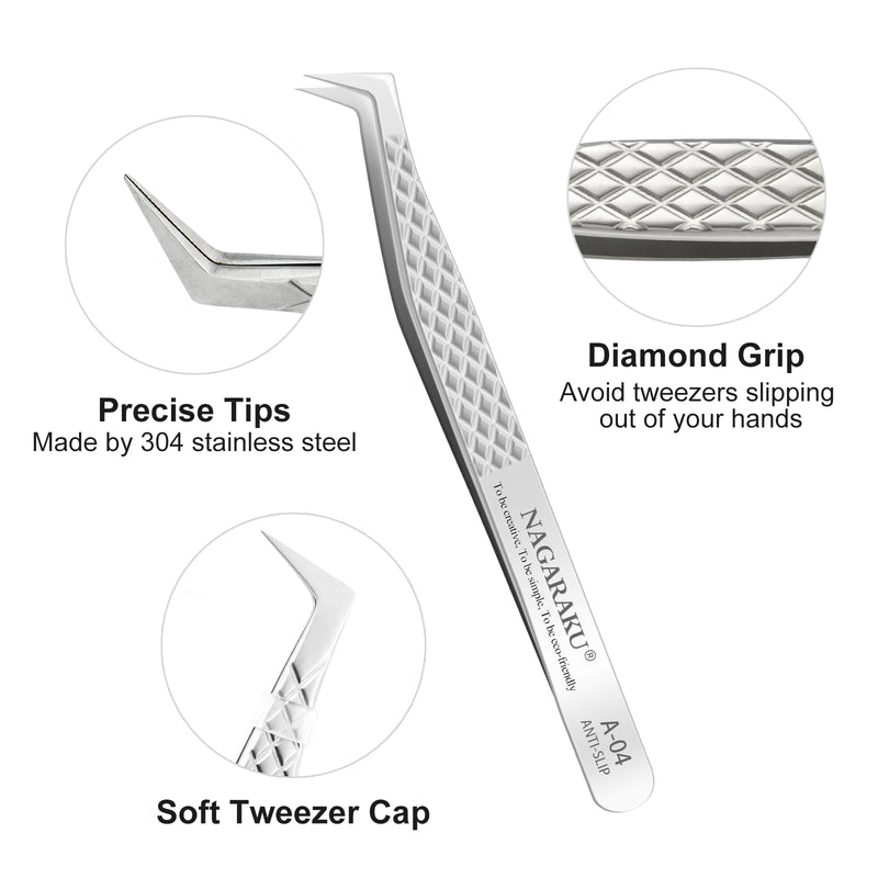 Nagaraku Tweezers For Eyelash Extension, Professional Precision Tweezers, Diamond Handle, Curved Volume Cluster Eyelashes, Easy Fan, Prefabricated Fan Tweezers, Stainless Steel Eyelash Tweezers (A-04) - NewNest Australia