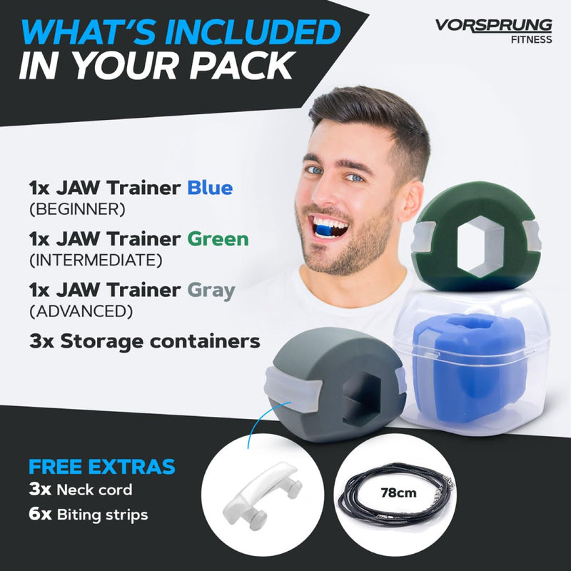 VORSPRUNG® Jaw Exerciser, Trainer for Face Mouth, Jawline Chisel & Enhance - 3 Pack, 3 Levels - Neck Exerciser - Jawline Exerciser Jawzr - Trainer men, Free 6 Biting Strips & 3 Necklaces –(UK) - NewNest Australia