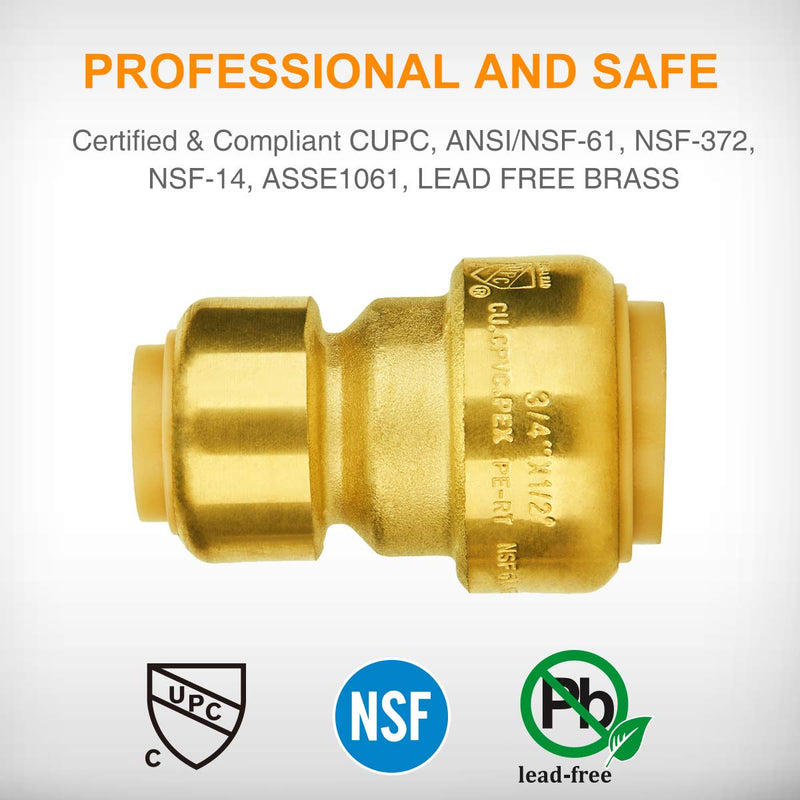 SUNGATOR Reducing Coupling, 3/4-Inch by 1/2-Inch Push Fit Straight Coupling, Push-to-Connect PEX, Copper, CPVC, PE-RT, Lead Free Brass Pipe Fittings (2-Pack) - NewNest Australia