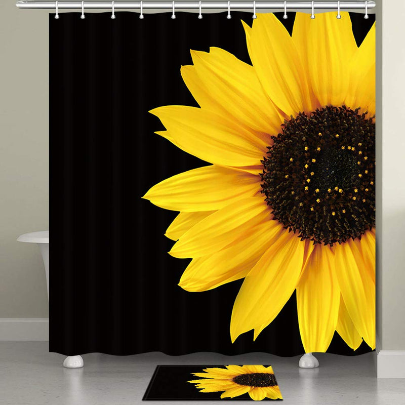 JAWO Sunflower Shower Curtain, Autumal Wild Flower Half Zoom Up Sunflower Nature Black and Yellow Art Bath Curtain for Bathroom 69X70 - NewNest Australia