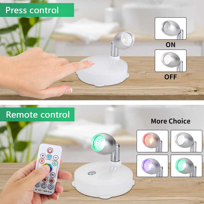 RGB Wireless LED Spotlight, Battery Operated Accent Lights, Indoor Mini Puck Light, Dimmable Uplight with Remote, 4000K Warm White, Stick on Anywhere Wall Light with Rotatable Head, Silver, 2 Pack - NewNest Australia