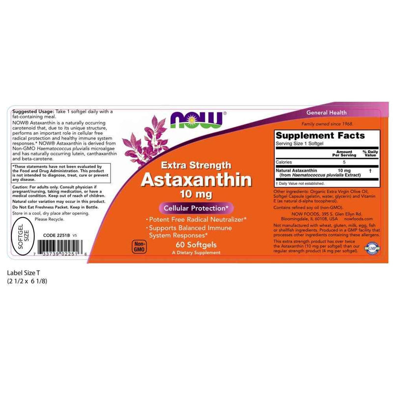 NOW Supplements, Astaxanthin 10mg, Extra Strength,derived from Non-GMO Haematococcus Pluvialis Microalgae and has naturally occurring Lutein, Canthaxanthin and Beta-Carotene, 60 Softgels - NewNest Australia