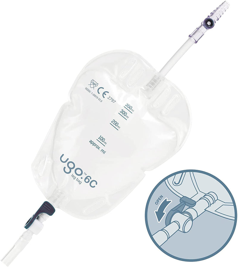 Ugo Leg Bags (x10) – Urine Drainage Bags/Catheter Leg Bags, T Tap or Lever Tap with Soft Fabric Backing and a Natural Leg-Shape Design (Pack of 10) (Ugo 6C - 350ml, Short Tube, Lever Tap) 1 Count (Pack of 10) - NewNest Australia