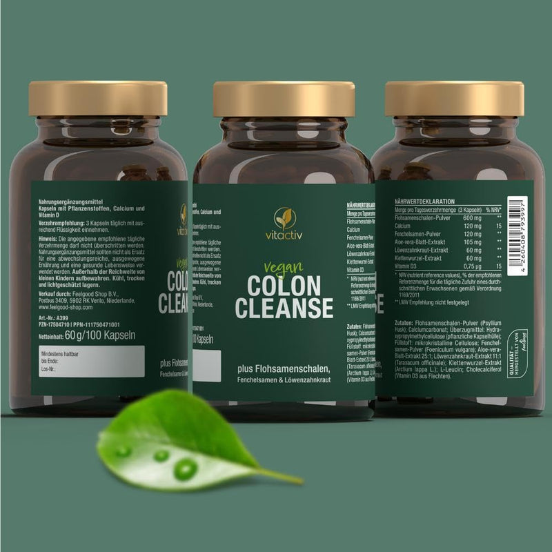COLON CLEANSE Ultra, with 7 natural nutrients and fiber, contains psyllium seeds, aloe vera, fennel seeds, dandelion herb and burdock root, normalizes digestion - 100 capsules, vegan - NewNest Australia